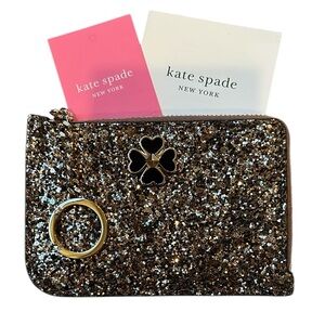 Kate Spade Silver Gray Glitter Black Pouch Keychain Coin Purse Card Holder NWT